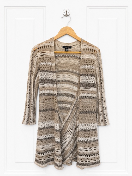 Style & Co. Sweaters - Style & Co Tan Multi Stripe Crochet Open Front Cardigan Medium Womens Pointelle